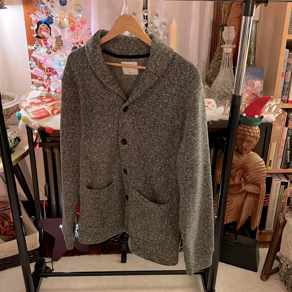 Men’s Sweater-Fleece Shawl-Collar Cardigan. XL. Gray Herringbone. Old Navy